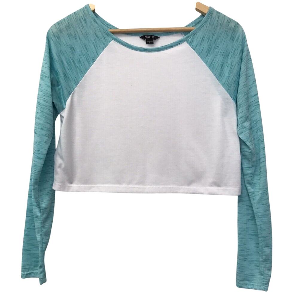 Nollie Top Womens Medium Raglan Blank Crop White Blue